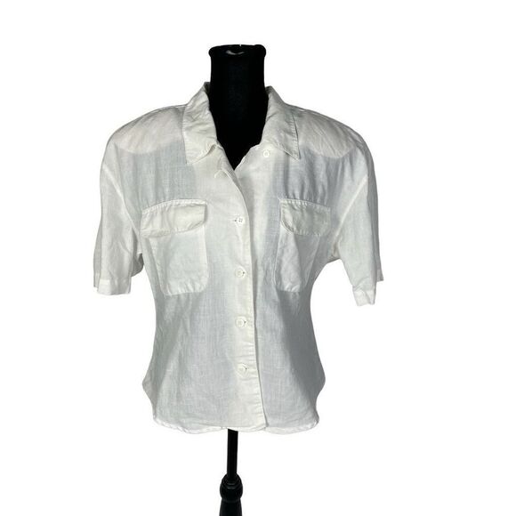 Vintage Tops - Vintage Cotton Ramie White Cropped Safari Button Down Shirt - Women’s M
